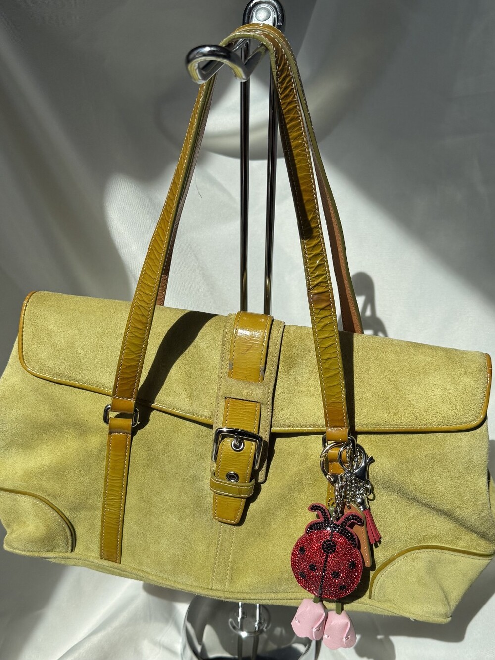 Vintage Y2K Coach Hamptons Suede Buckled Flap Shoulder Bag Lime Green 9271